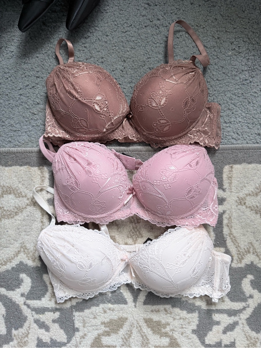Lace Push-Up Bra Trio in Brown, Pink & White